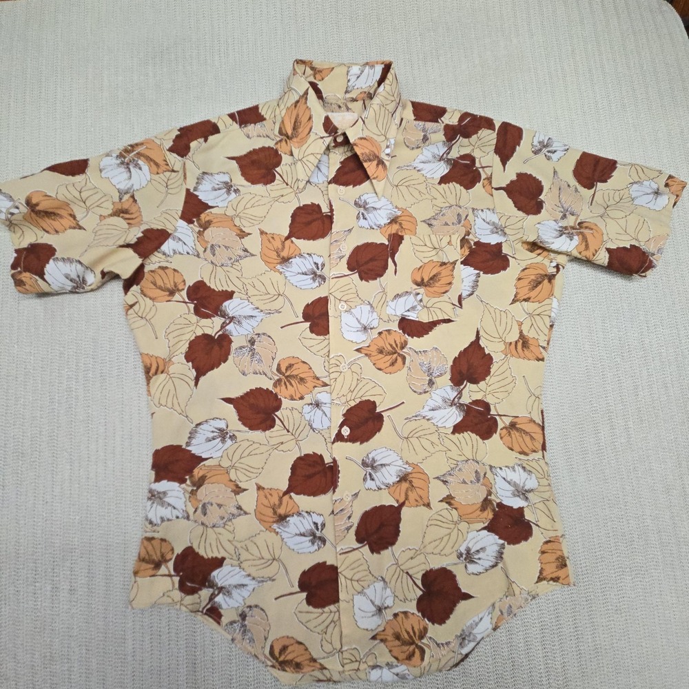 Vintage Kings Road Shirt Men Large Beige Floral Short Sleeve Button Up Sears 70s